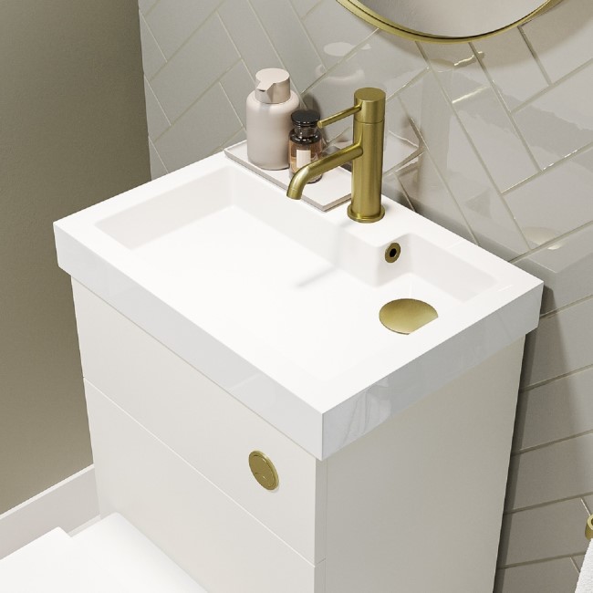 500mm White Cloakroom Toilet and Sink Unit with Square Toilet and Brushed Brass Fittings - Valetta