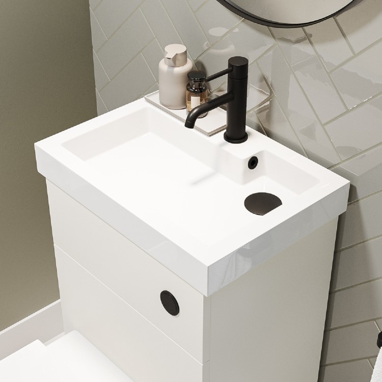 500mm White Cloakroom Toilet and Sink Unit with Square Toilet and Black Fittings - Valetta