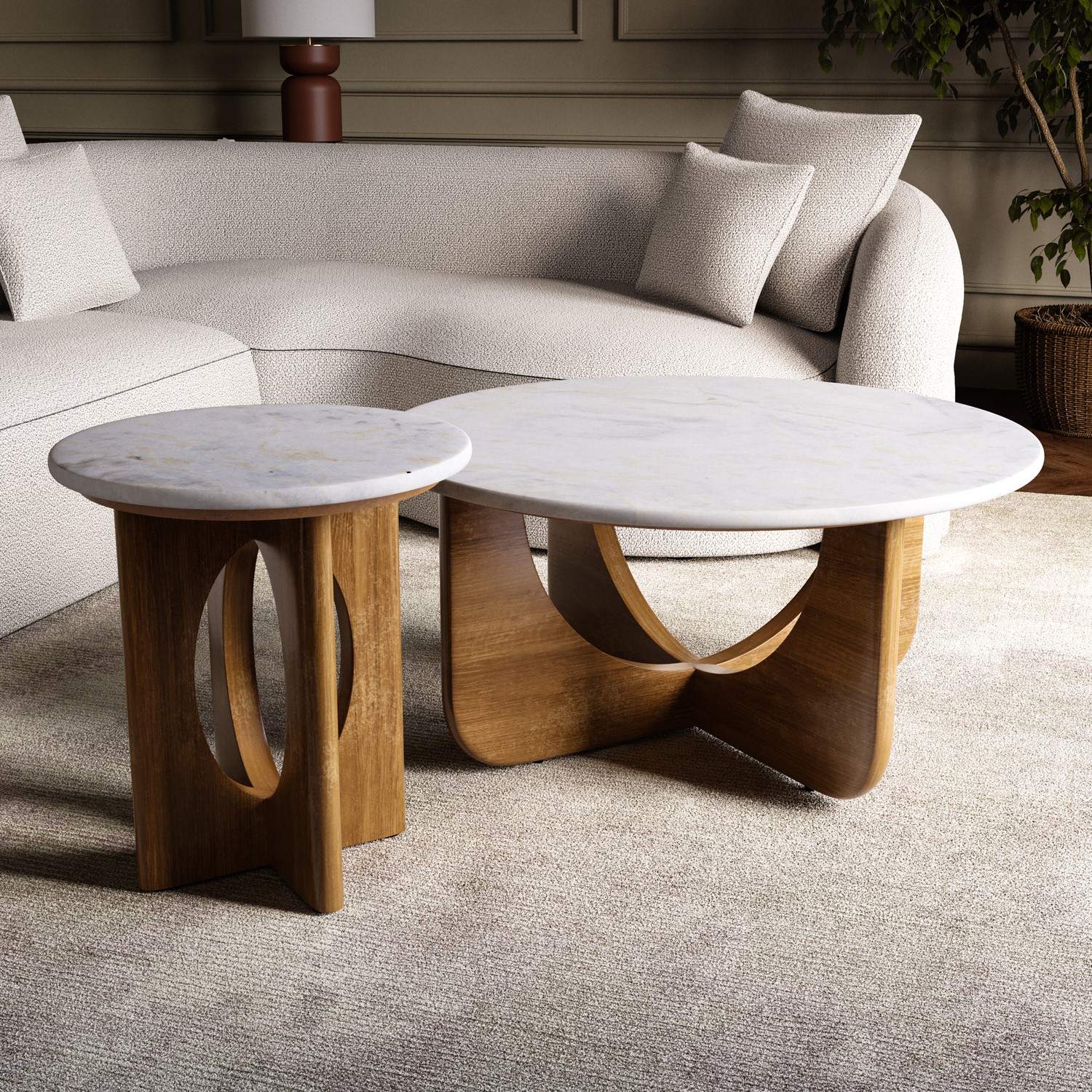 Ivan Brown Round Marble And Mango Wood Nest Of 2 Tables