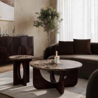 Round Brown Marble and Walnut Nest of 2 Tables - Ivan