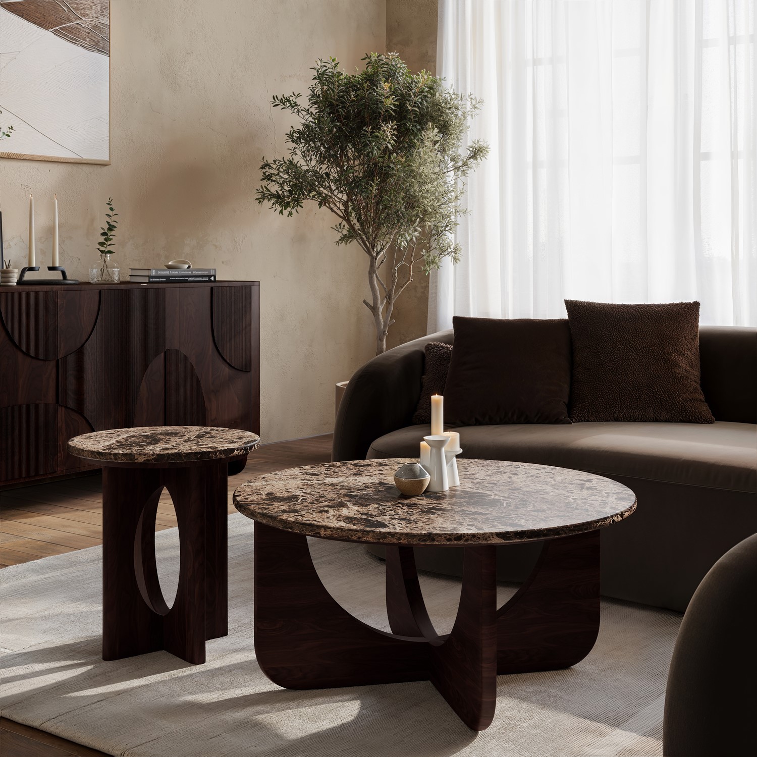 Ivan Brown Round Marble And Walnut Nest Of 2 Tables