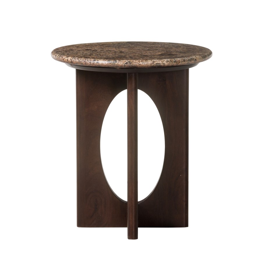 Round Brown Marble and Walnut Side Table - Ivan