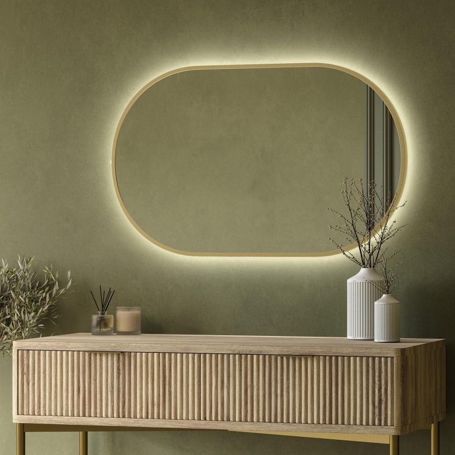 Rectangular Backlit Brass Wall Mirror with Battery Operated Lights 50 x 80cm - Venus