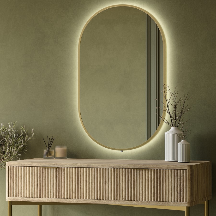Rectangular Backlit Brass Wall Mirror with Battery Operated Lights 50 x 80cm - Venus
