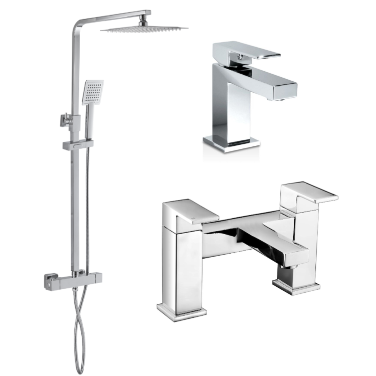 Grade A1 - Chrome Mixer Shower with Bath and Basin Tap Set - Cube