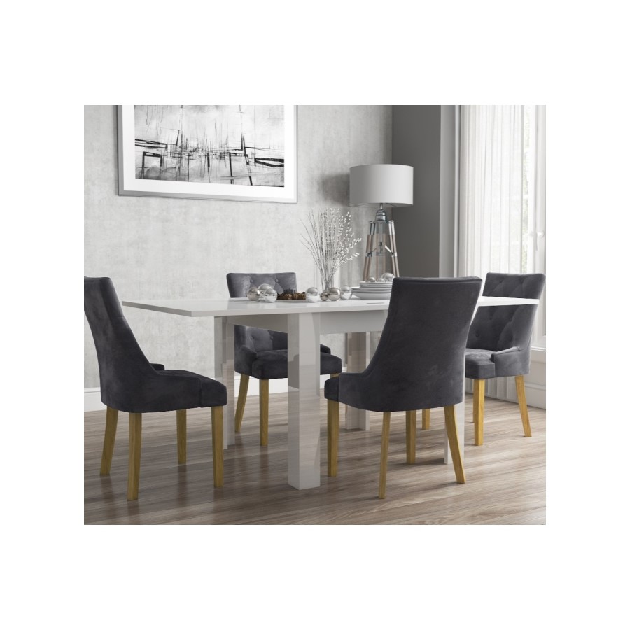 Flip Top Dining Table in White High Gloss with 4 Grey Velvet Chairs - Vivienne & Kaylee