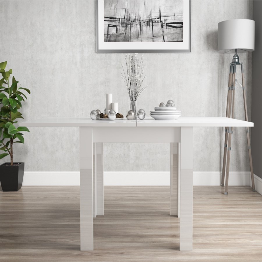 Flip Top Dining Table in White High Gloss with 4 Grey Velvet Chairs - Vivienne & Kaylee