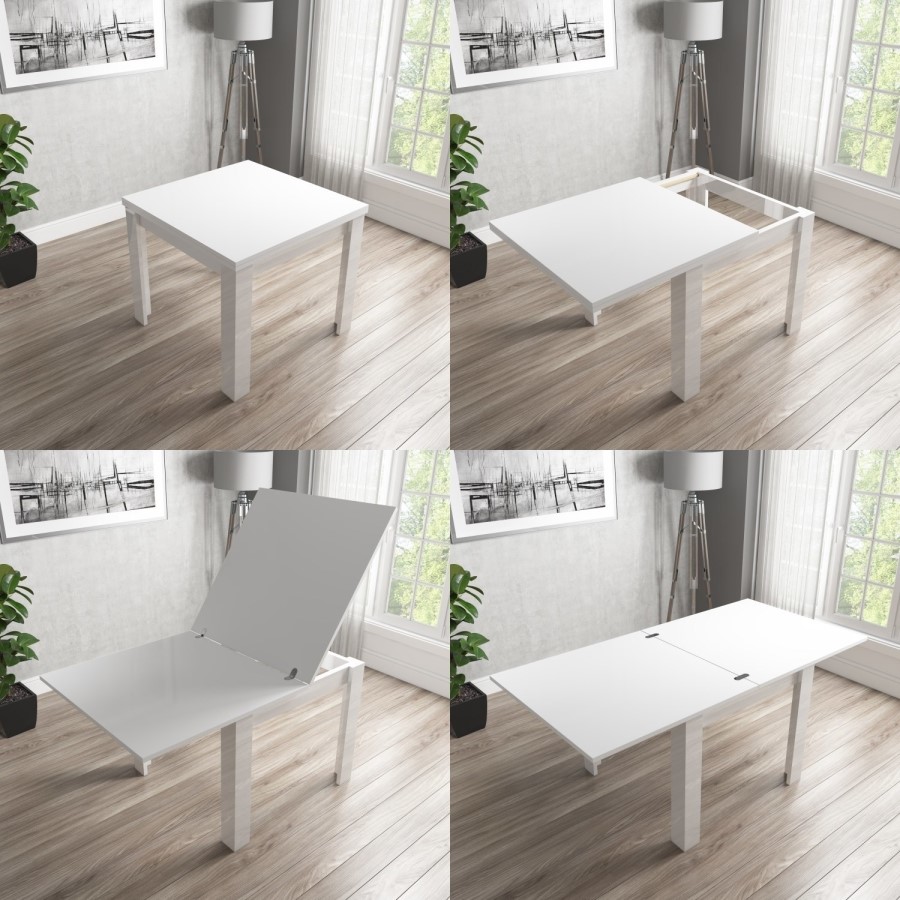 Flip Top Dining Table in White High Gloss with 4 Grey Velvet Chairs - Vivienne & Kaylee