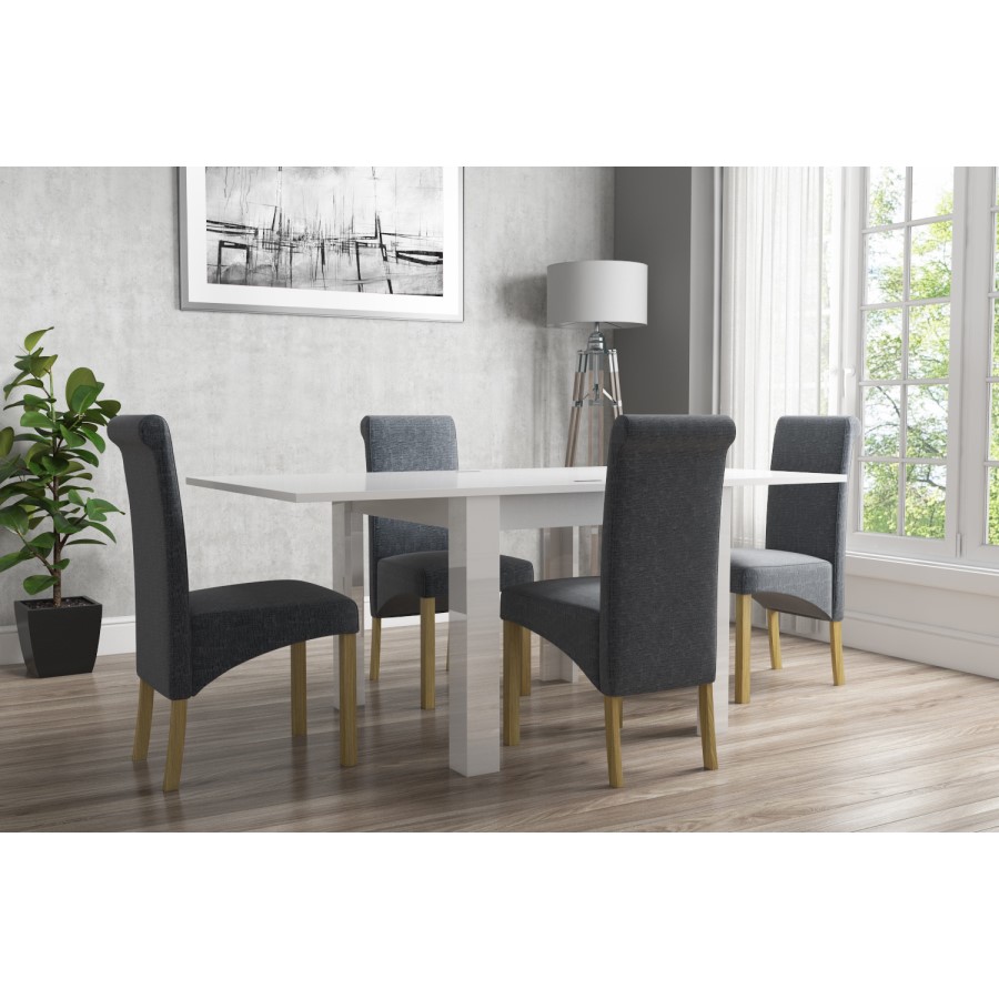 Flip Top Dining Table in White High Gloss with 4 Rollback Grey Chairs - Vivienne & New Haven