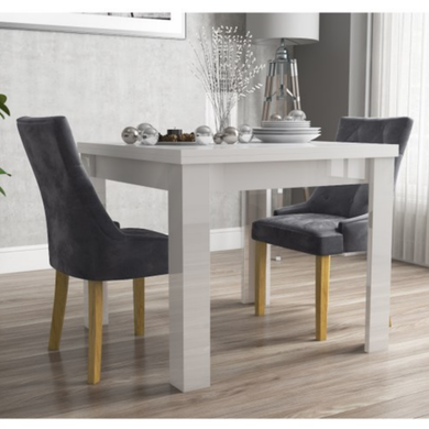 Flip Top Dining Table in White High Gloss with 2 Grey Velvet Chairs - Vivienne & Kaylee
