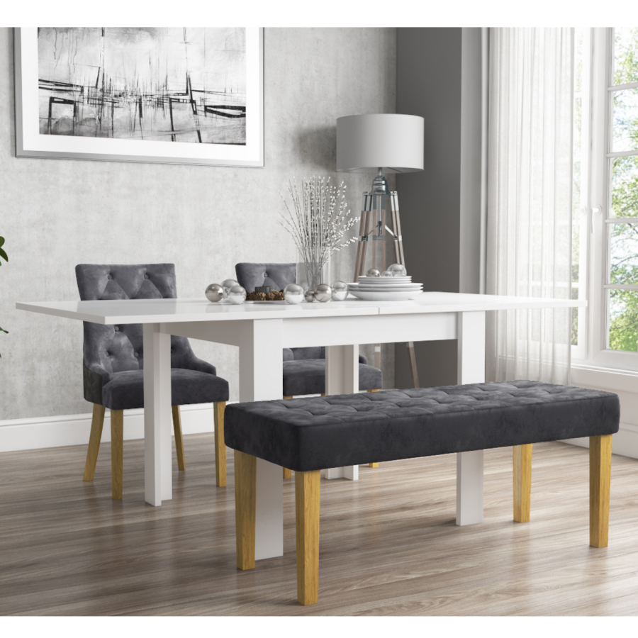 Flip Top Dining Table in White High Gloss with 2 Grey Velvet Chairs & 1 Bench - Vivienne & Kaylee