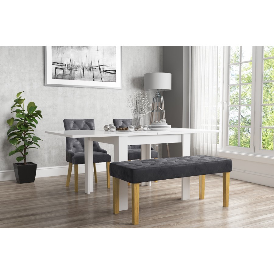 Flip Top Dining Table in White High Gloss with 2 Grey Velvet Chairs & 1 Bench - Vivienne & Kaylee