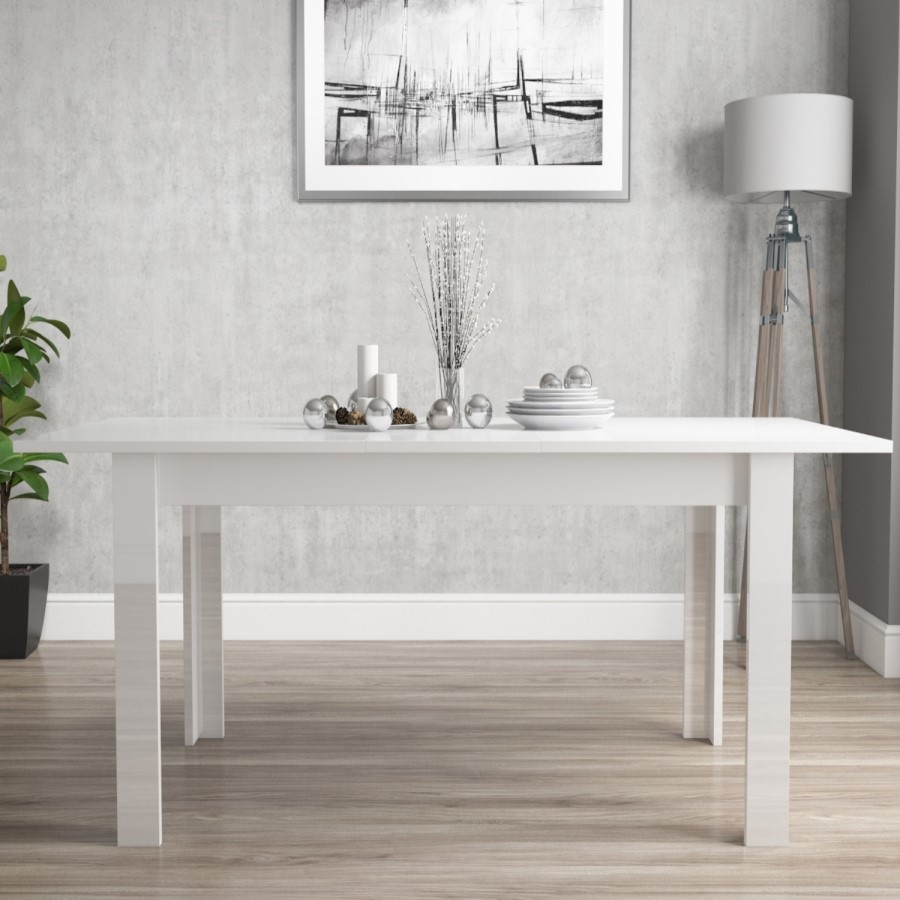 Extendable Dining Table in White High Gloss with 4 Slate Grey & Black Chairs - Vivienne & New Haven