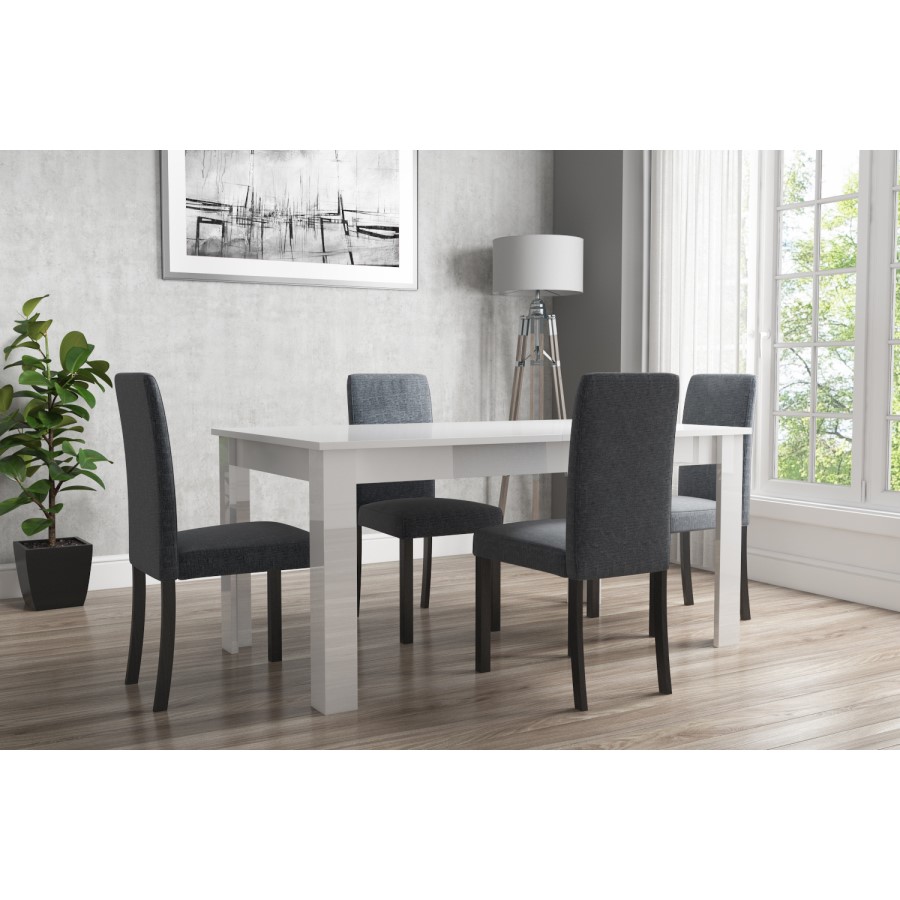Extendable Dining Table in White High Gloss with 4 Slate Grey & Black Chairs - Vivienne & New Haven