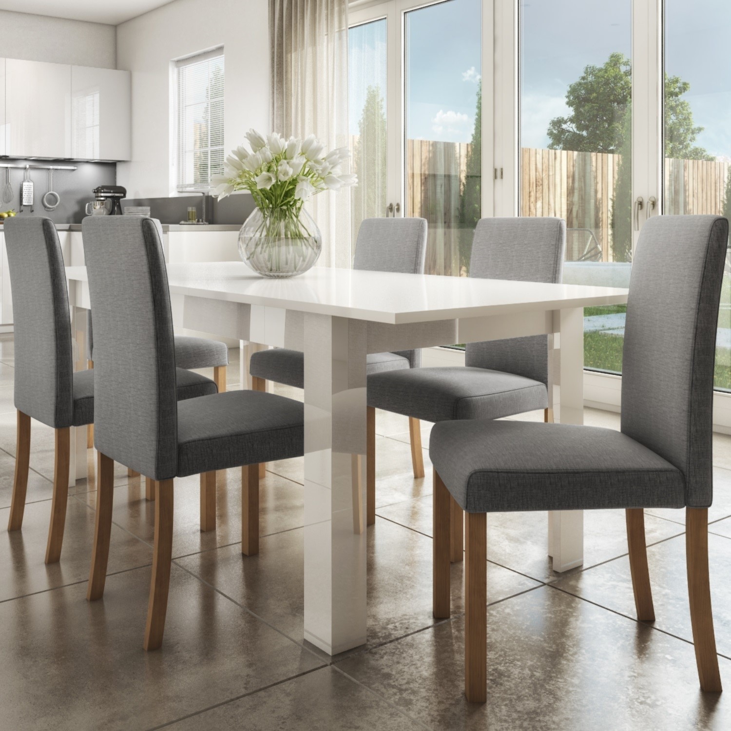 Extendable Dining Table In White High Gloss With 6 Grey Chairs Vivienne New Haven Furniture123