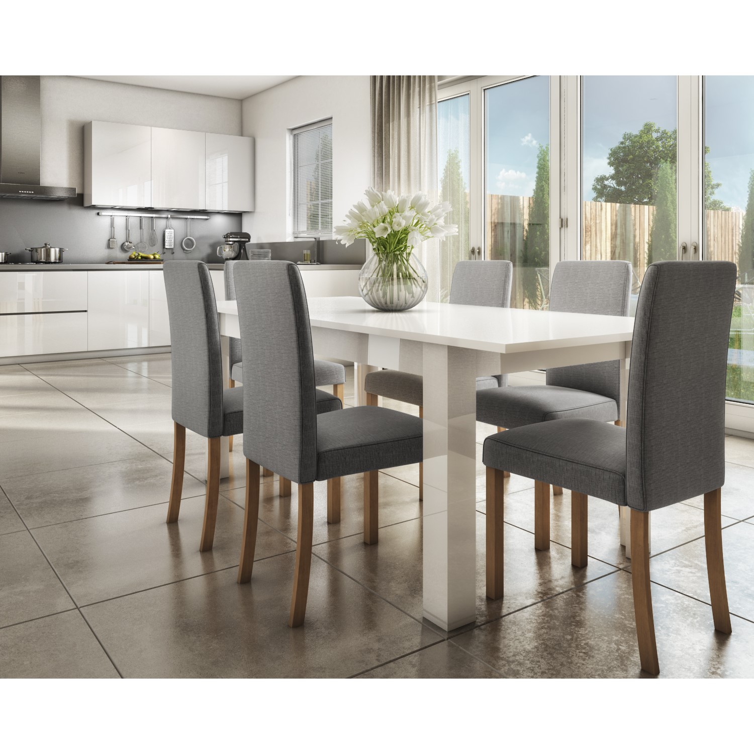 Extendable Dining Table In White High Gloss With 6 Grey Chairs Vivienne New Haven Furniture123