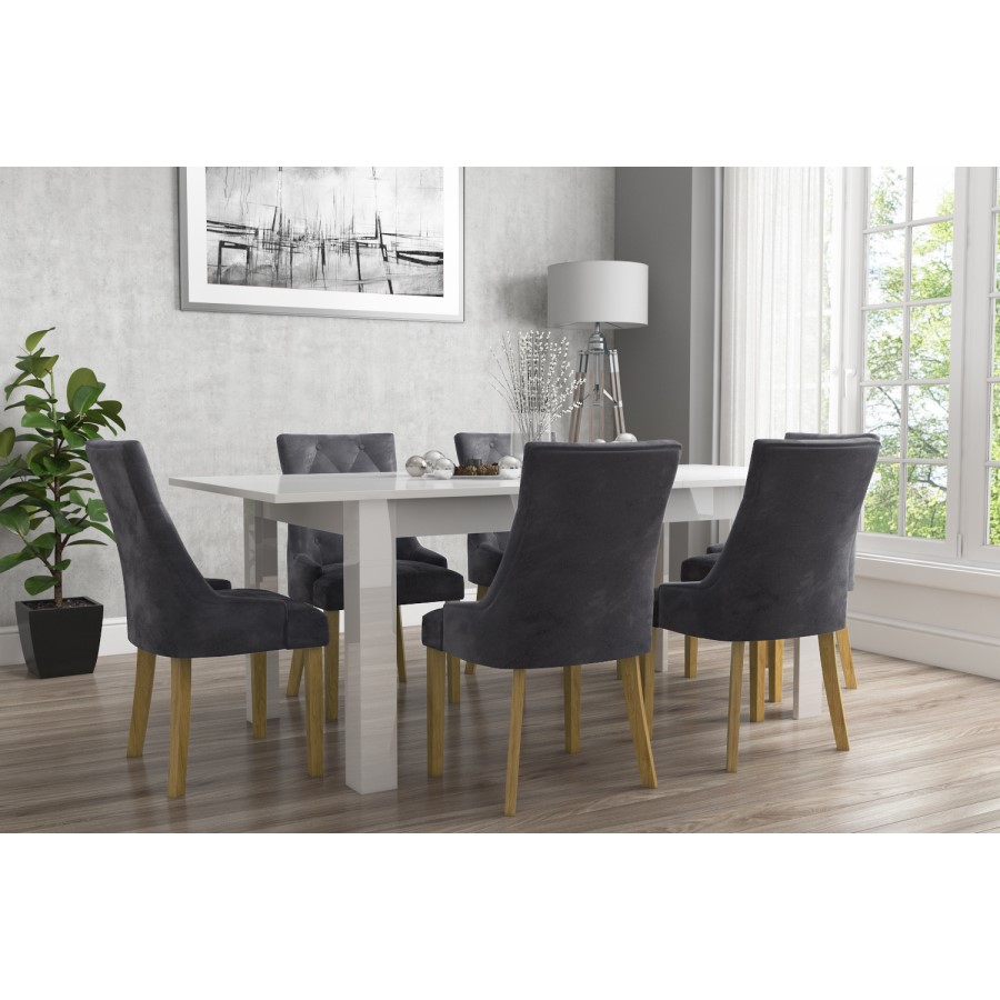 Flip Top Dining Table in White High Gloss with 6 Grey Velvet Chairs - Vivienne & Kaylee