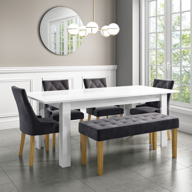 Extendable Dining Table in White High Gloss with 4 Grey Velvet Chairs & 1 Bench - Vivienne & Kaylee