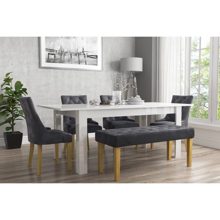 Extendable Dining Table in White High Gloss with 4 Grey Velvet Chairs & 1 Bench - Vivienne & Kaylee