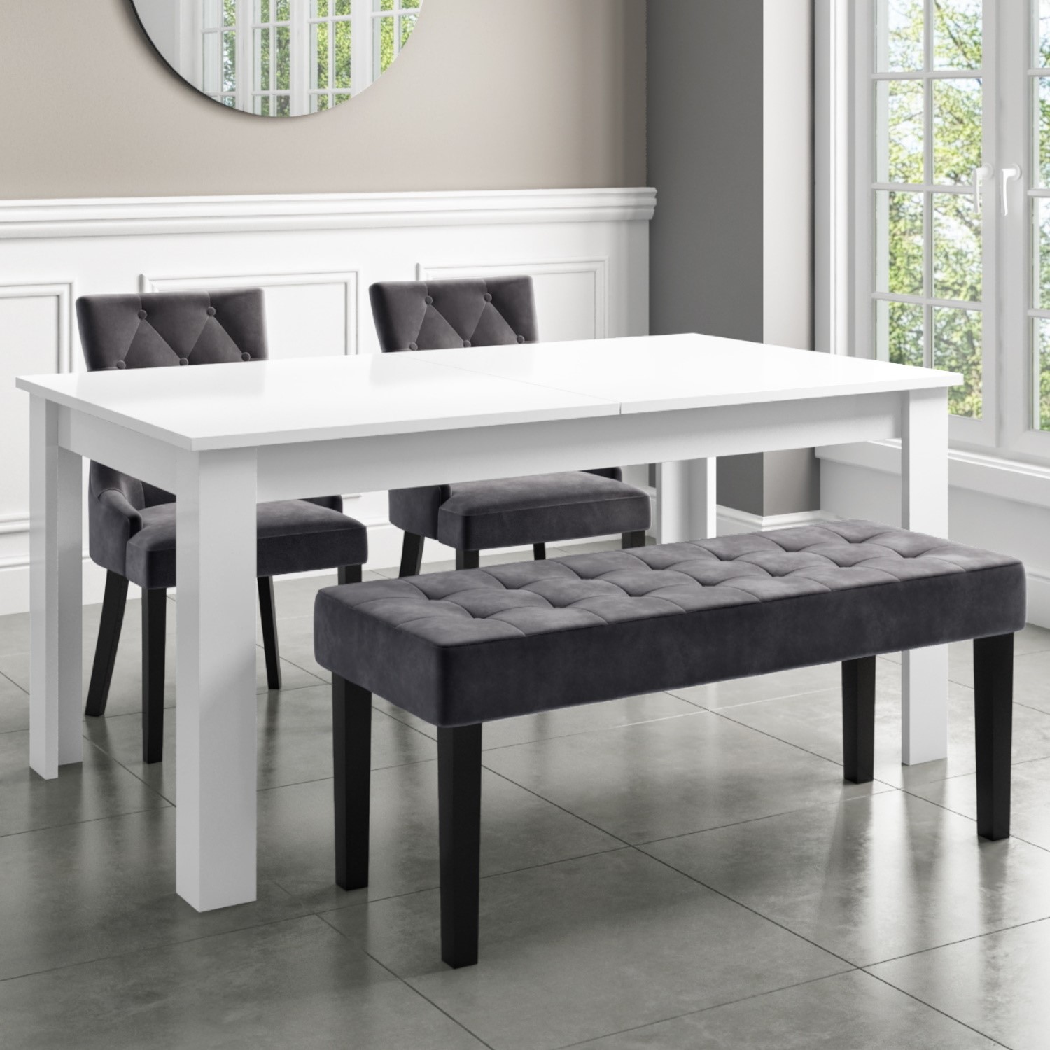 Extendable Dining Table In White High Gloss With 2 Grey Velvet