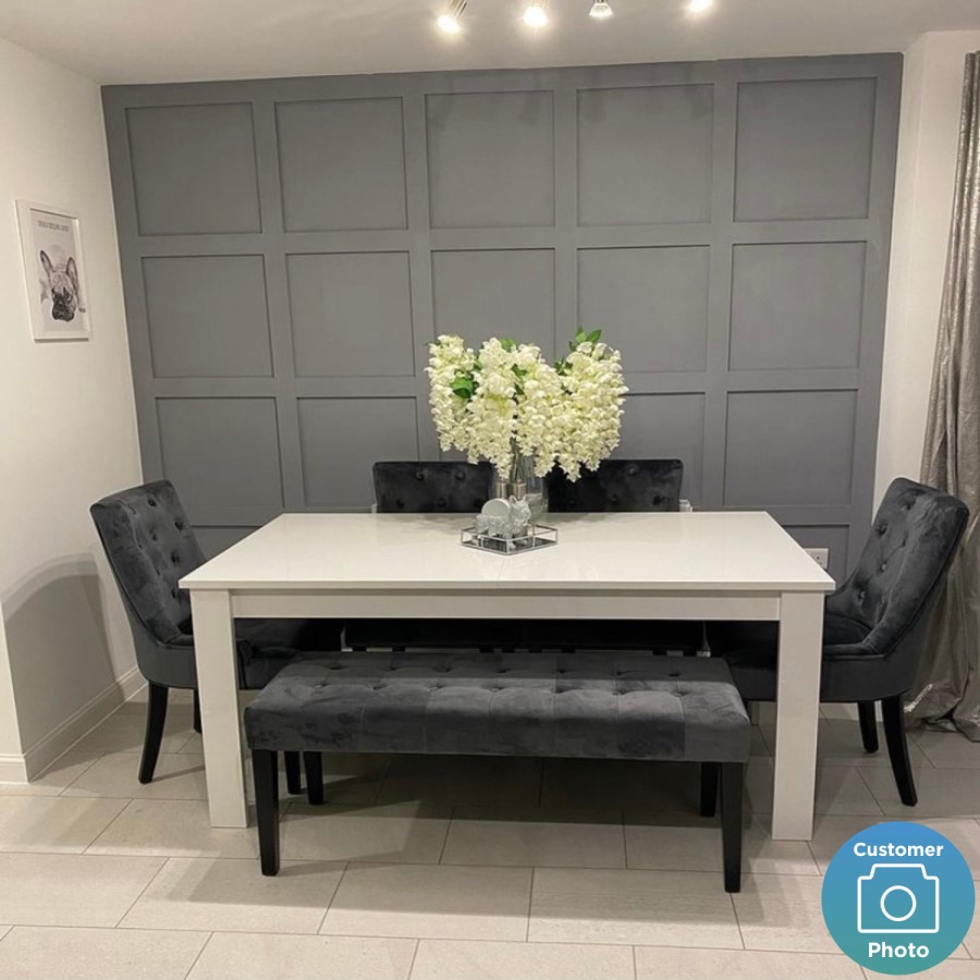White Goss Extendable Dining Table with 2 Grey Velvet Dining Chairs and Matching Bench - Kaylee