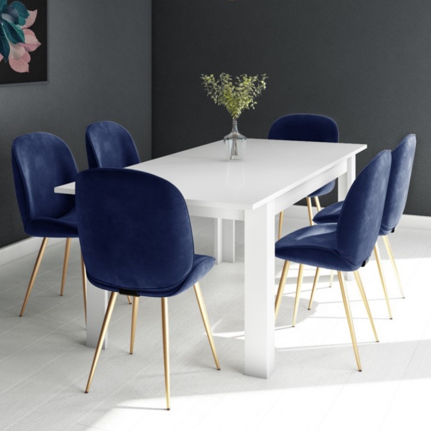 White Extendable Dining Table With 6 Gold Blue Velvet Chairs Vivienne Jenna Furniture123