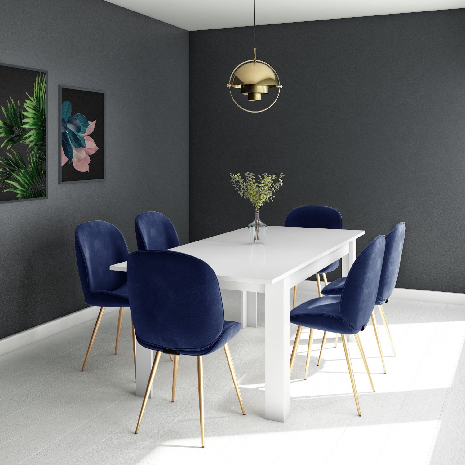 white extendable dining table with 6 gold  blue velvet chairs  vivienne   jenna