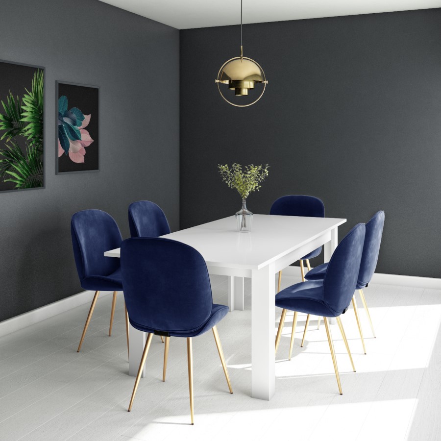 White Extendable Dining Table with 6 Gold & Blue Velvet Chairs - Vivienne & Jenna
