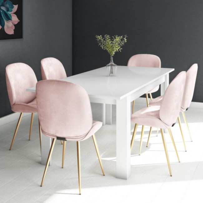 White Extendable Dining Table with 6 Gold & Pink Velvet Chairs - Vivienne & Jenna