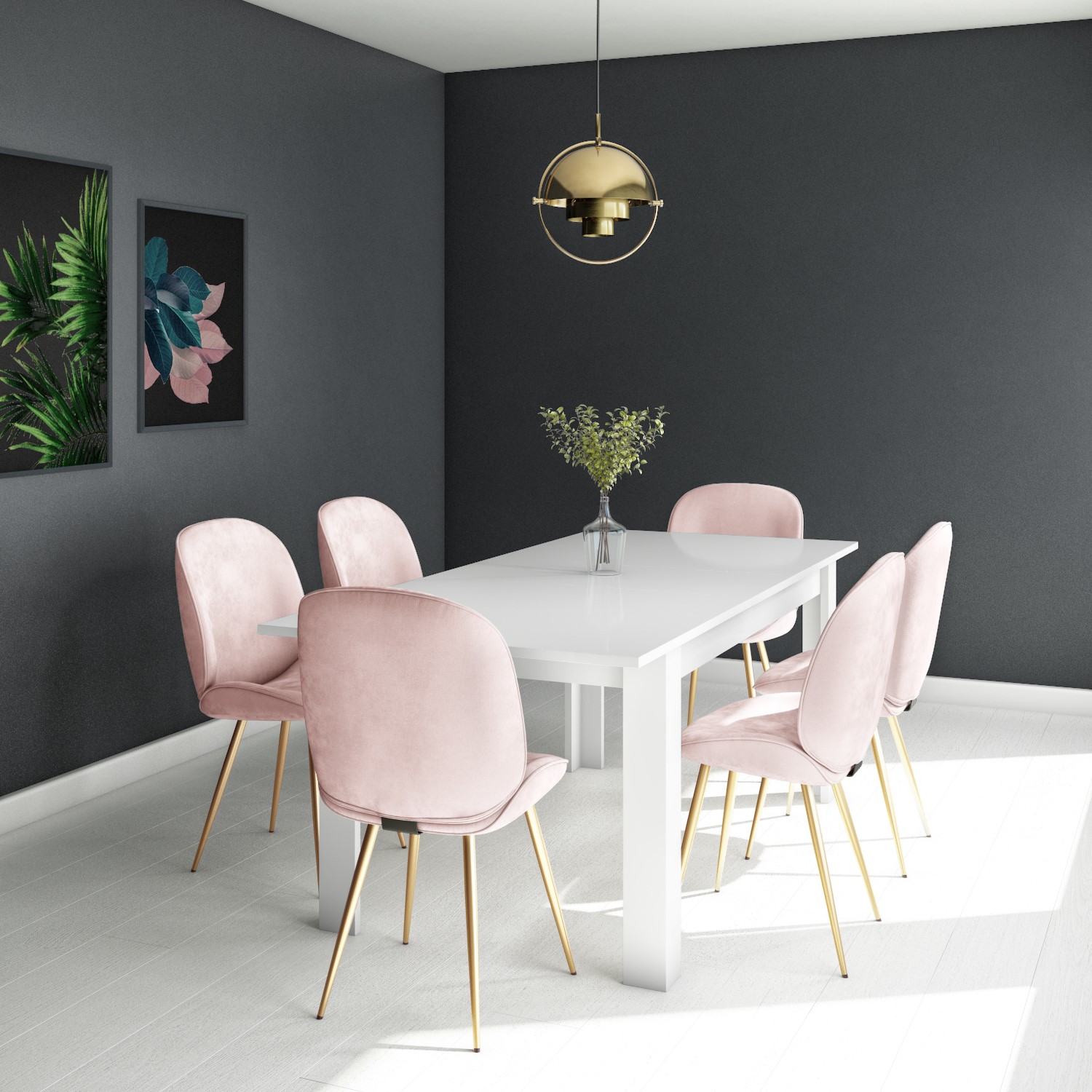 White Extendable Dining Table With 6 Gold Pink Velvet Chairs Vivienne Jenna Furniture123
