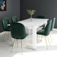 White Extendable Dining Table with 6 Gold & Green Velvet Chairs - Vivienne & Jenna