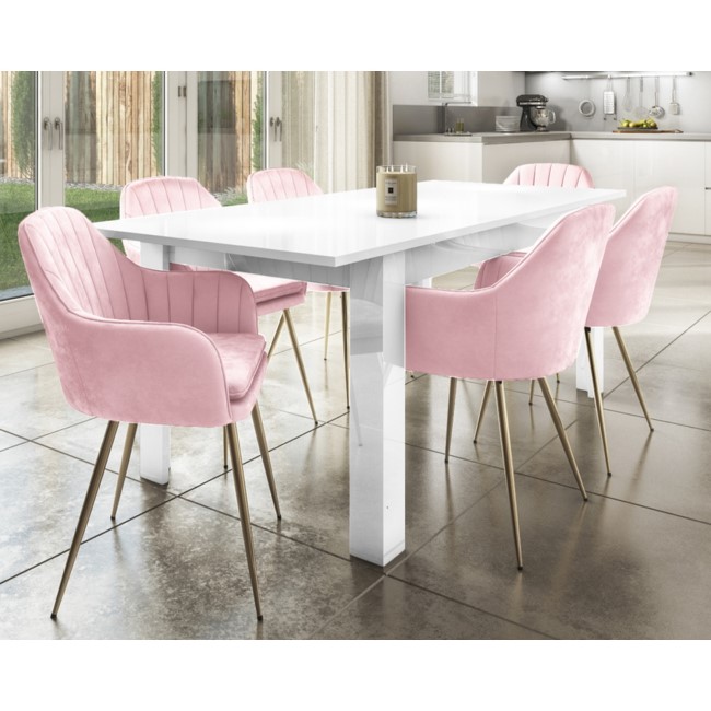 Extendable Dining Table in White High Gloss & 6 Pink Velvet Tub Chairs - Vivienne
