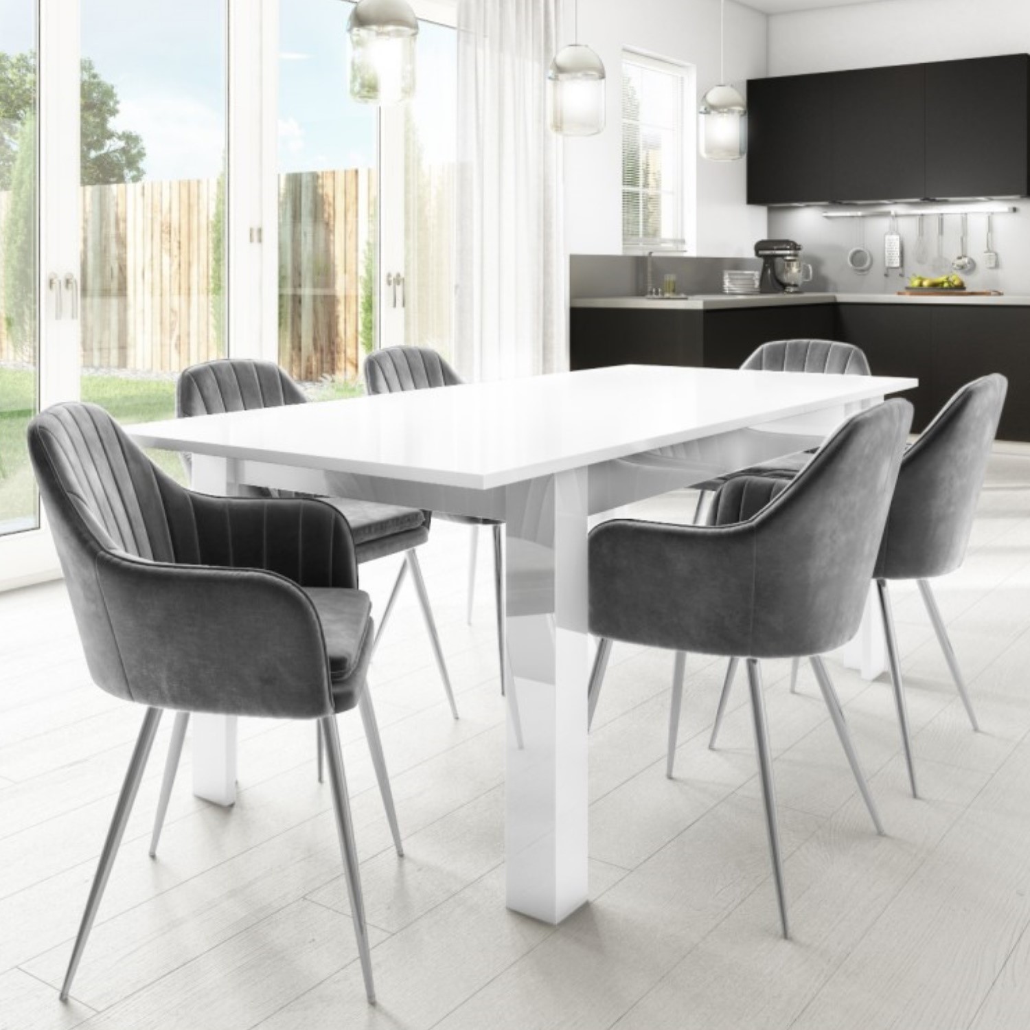 Photo of White gloss extendable dining table with 6 grey velvet dining chairs - vivienne