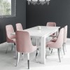 White Extendable Dining Table with 6 Pink Velvet Chairs with Chrome Legs