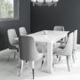 White Extendable Dining Table with 6 Silver Grey Velvet Chairs with Chrome Legs