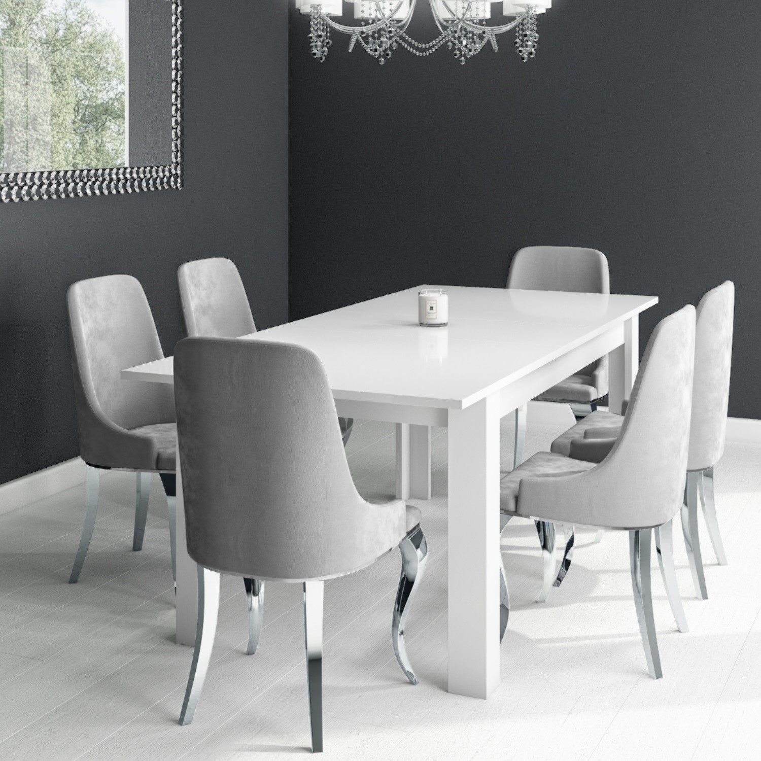 White Extendable Dining Table With 6 Silver Grey Velvet Chairs With Chrome Legs Furniture123