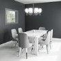 White Extendable Dining Table with 6 Silver Grey Velvet Chairs with Chrome Legs