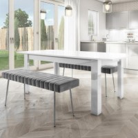 White Gloss Extendable Dining Table with 2 Grey Velvet Dining Benches - Seats 4 - Vivienne