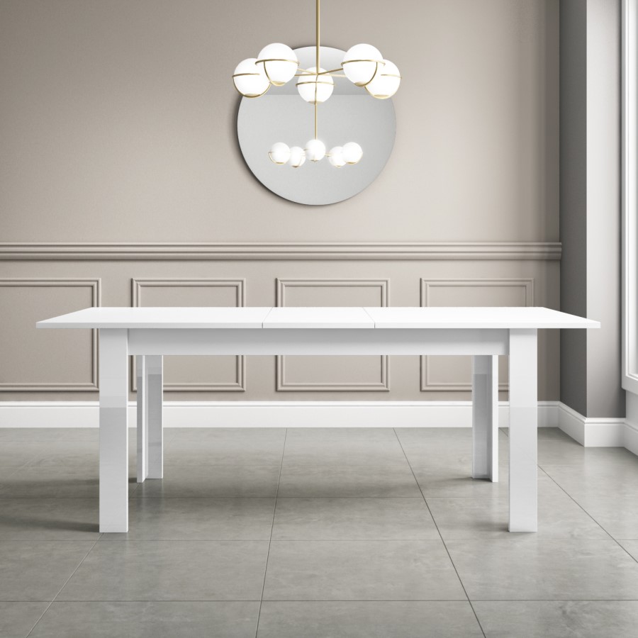 White Gloss Extendable Dining Table with 2 Grey Velvet Dining Benches - Seats 4 - Vivienne