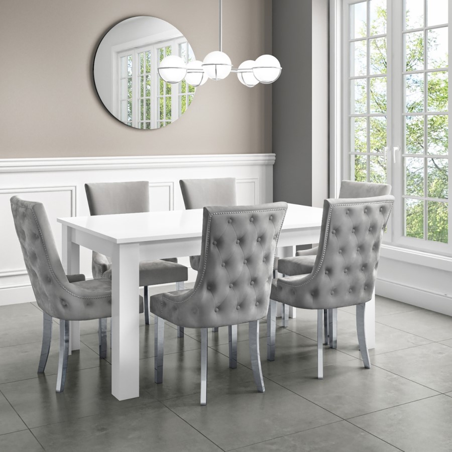 White Extendable High Gloss Dining Table with 6 Silver Grey Velvet Dining Chairs - Vivienne