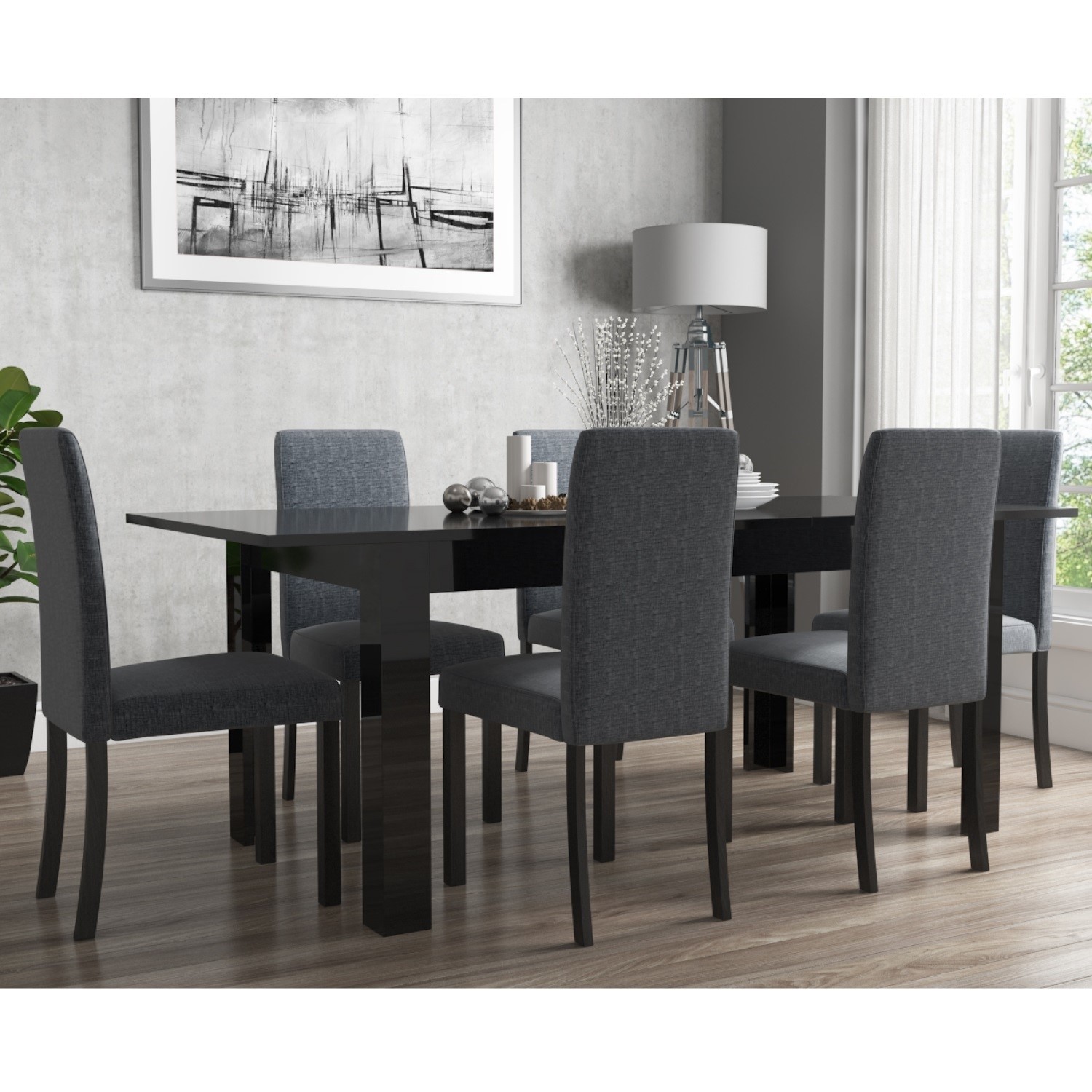 Extendable Dining Table In Black High Gloss With 6 Grey Chairs Vivienne New Haven Furniture123