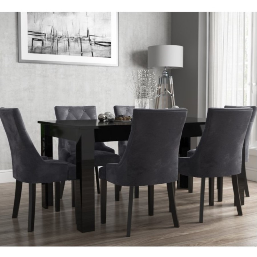 Black Gloss Extendable Dining Table with 6 Grey Velvet Dining Chairs - Kaylee