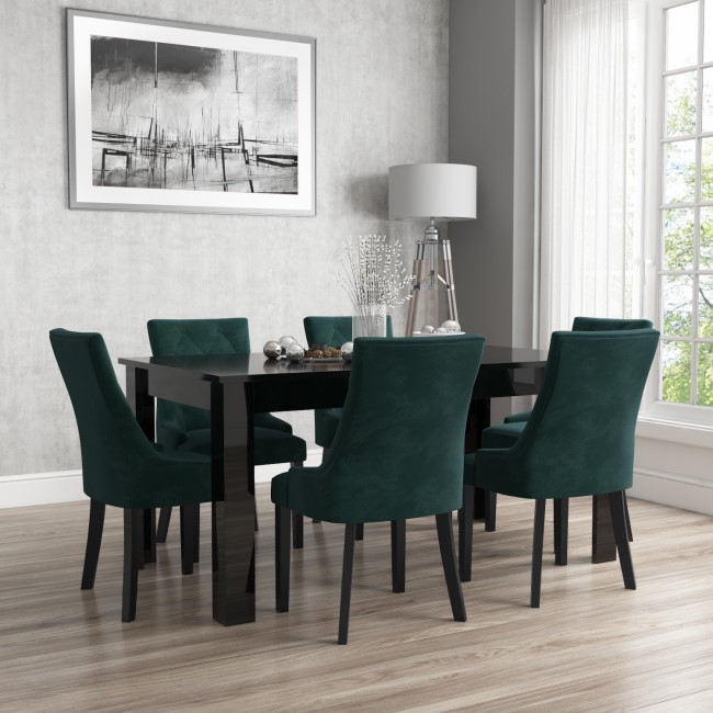 Extendable Dining Table in Black High Gloss with 6 Green Velvet Chairs - Vivienne & Kaylee
