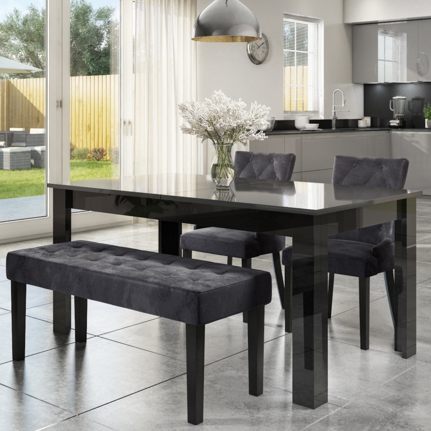 Extendable Dining Table In Black High Gloss With 2 Grey Velvet Chairs 1 Bench Vivienne Kaylee Furniture123