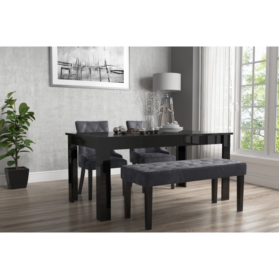 Vivienne Extendable Rectangle Dining Table with Two Grey Chairs and  Grey Bench in Velvet 