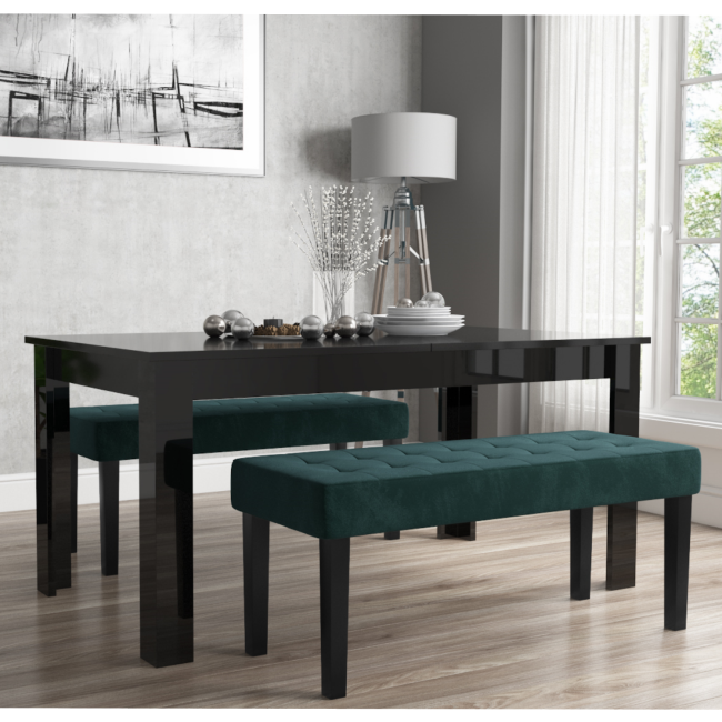 Extendable Dining Table in Black High Gloss with 2 Green Velvet Benches - Vivienne & Kaylee