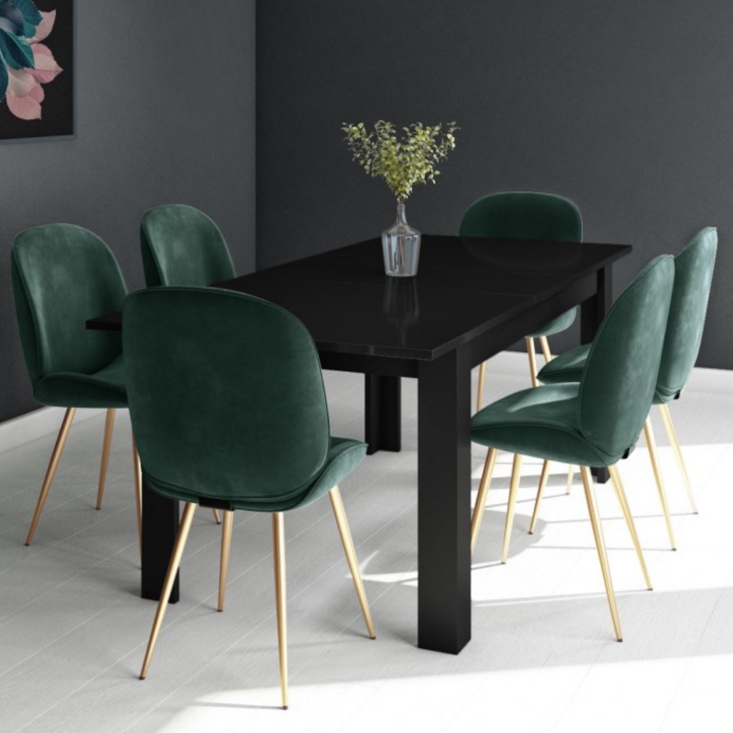 black extendable dining table with 6 gold  green velvet chairs  vivienne   jenna