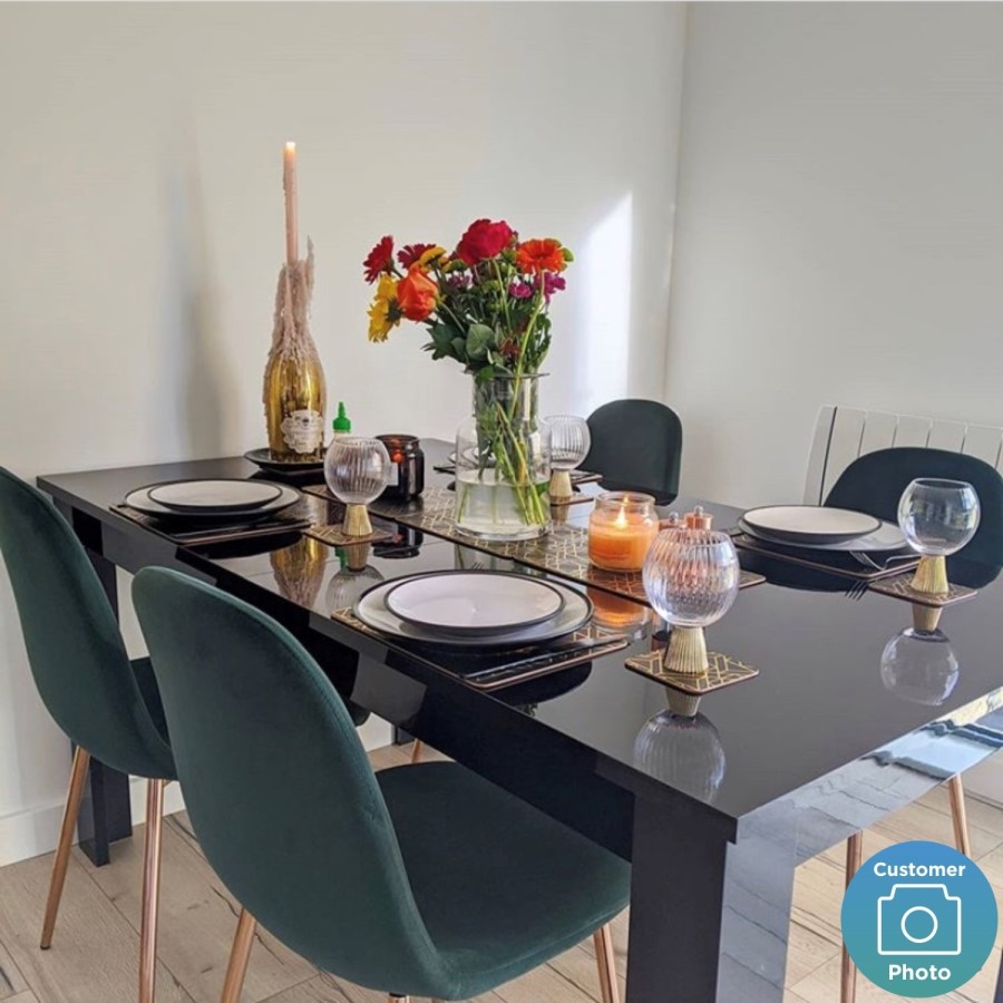 Black Extendable Dining Table with 6 Gold & Green Velvet Chairs - Vivienne & Jenna