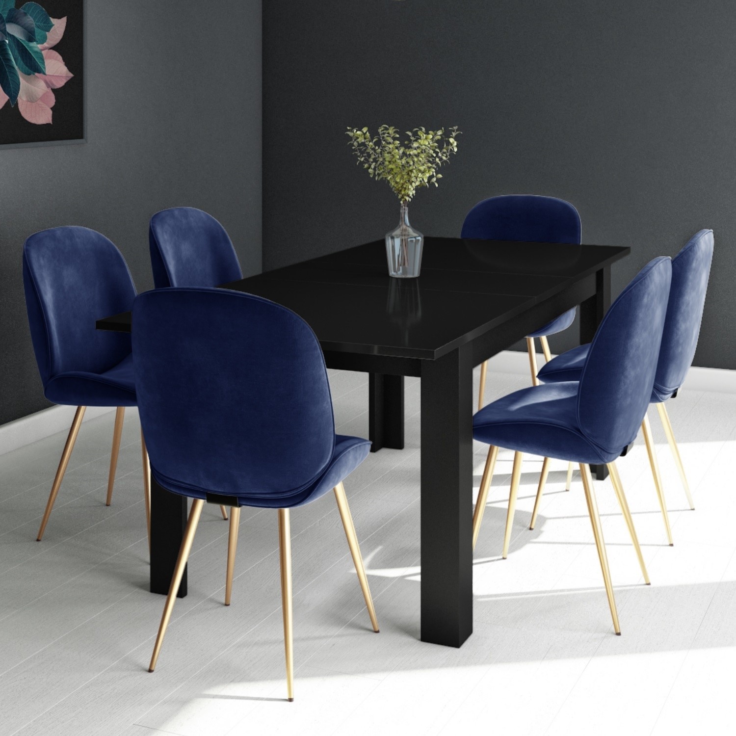 Black Extendable Dining Table With 6 Gold Blue Velvet Chairs Vivienne Jenna Furniture123 Black Extendable Dining Table With 6 Gold Blue Velvet Chairs Vivienne Jenna Furniture123