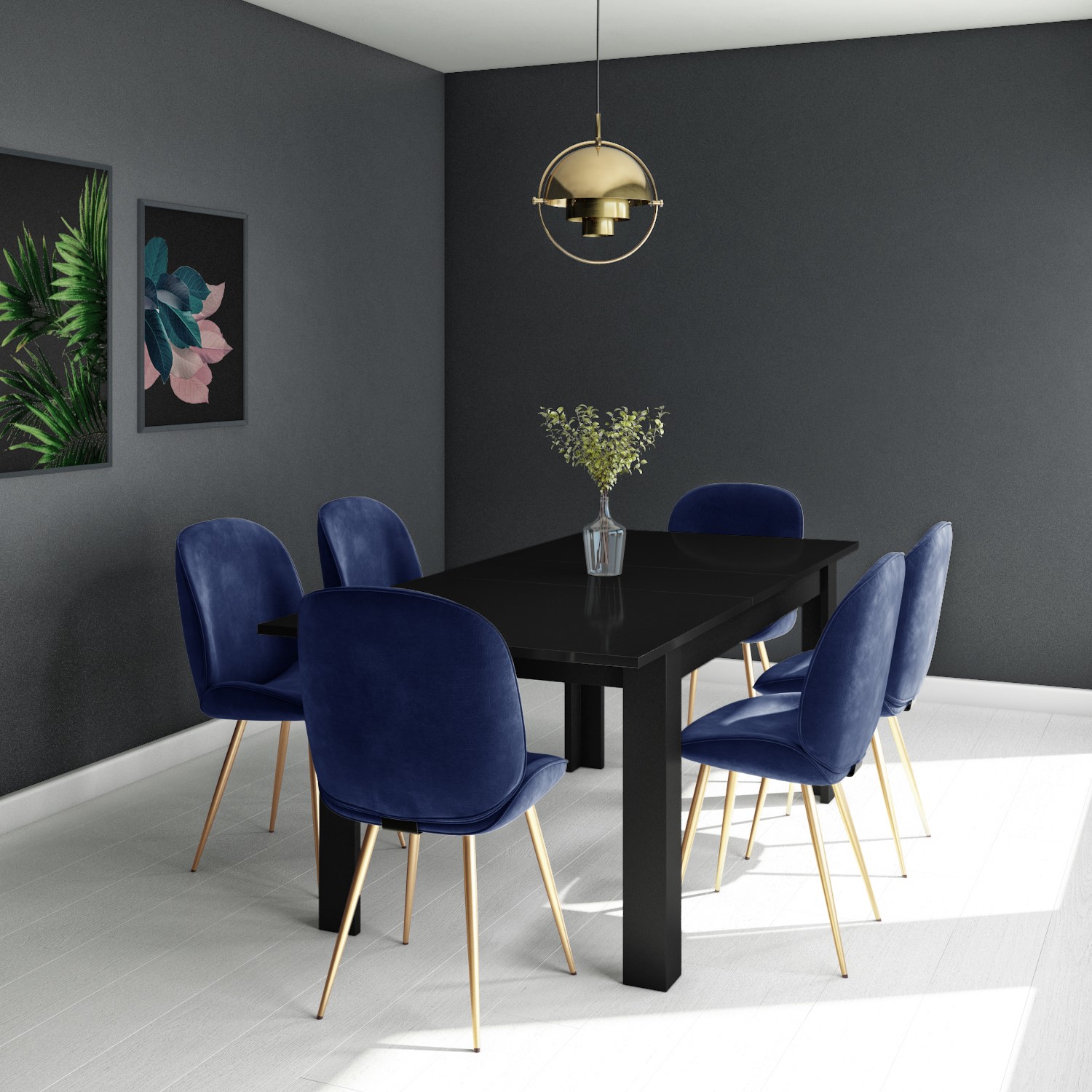 Black Extendable Dining Table With 6 Gold Blue Velvet Chairs